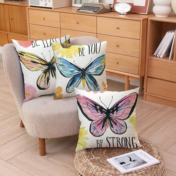 Butterfly Decorative Throw Pillow Cover Set of 4, Cushion Cover Two Sides Print Decorative Square Pillowcases Linen Cushion Cover 20 X 20 Inch 4 Pack