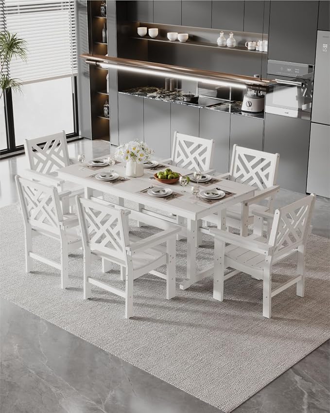 7-Piece Outdoor Dining Set, HDPE All-Weather Patio Table and Chairs Set for 6, Outdoor Patio Furniture Sets with Umbrella Hole for Outside, Deck, Backyard, Garden (White)
