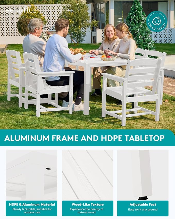 SERWALL 10-Piece Patio Dining Sets with 15FT Patio Umbrella, 60" - 83" Expandable Outdoor Dining Table and 8 HDPE Chairs, All Weather HDPE Outdoor Furniture Set (Umbreall Base not Included)