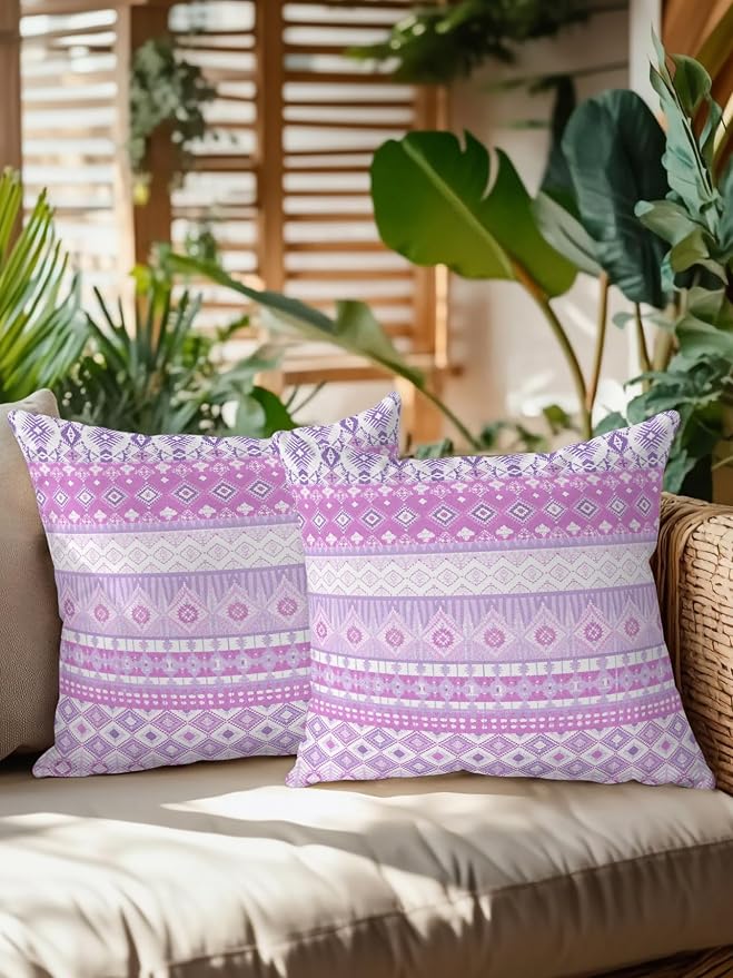Waterproof Outdoor Pillow Set of 2 Purple Bohemian Decorative Throw Pillows Cover & Insert 16x16 Inch Pillowcase Boho Style Floral Leaves Geometric Pillows for Couch Sofa Bed Patio Furniture