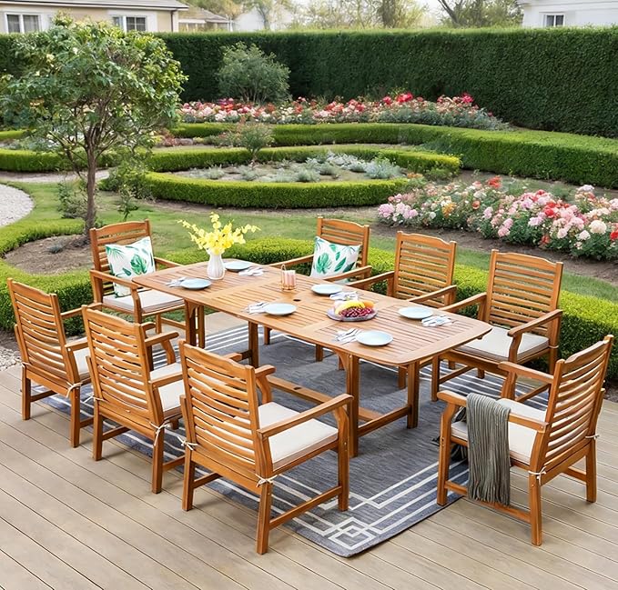 PHI VILLA 9 Pieces Acacia Wood Patio Dining Set for 8, Expandable Teak Dining Table & Wooden Chairs with Cushions, Farmhouse Dining Furniture Set for Outdoor Deck, Yard, Porch
