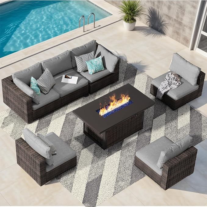 Patio Furniture Set with Fire Pit Table, Outdoor Sectional Rattan Sofa Set, Patio Set Seating Furniture with Thickened Cushions (Gray, 7 Pieces)