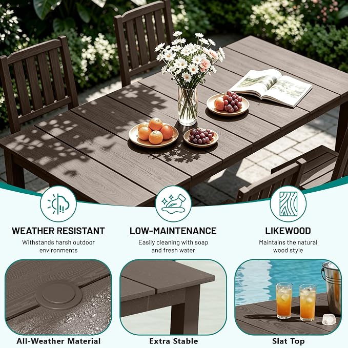 PLUUV 7-Piece Outdoor Dining Set – HDPE Patio Furniture with Umbrella Hole Table, Aluminum Legs, and 6 Armless Chairs, Weatherproof & Easy-Clean for Backyard, Garden, Coffee