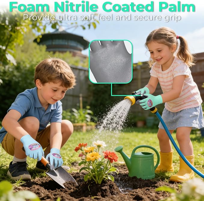 HANDLANDY 2 Pairs Kids Gardening Gloves, Grippy Kids Work Gloves, M | Foam Nitrile Coated Children Toddler Garden Yard Work Cycling Outdoor Playing Gloves for Girls Boys