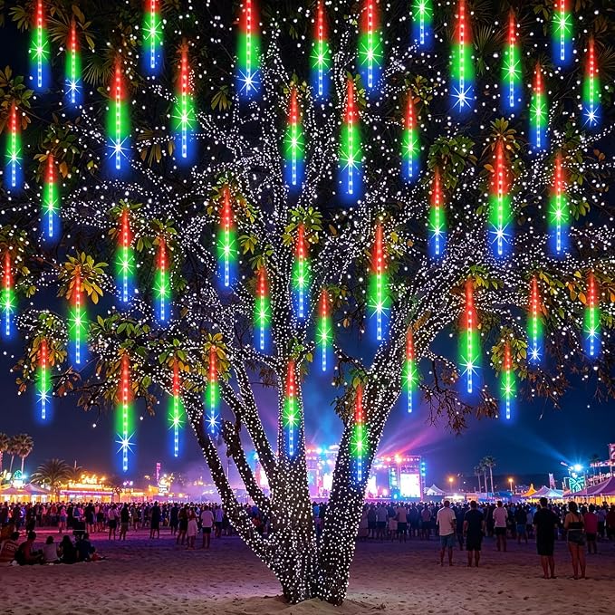 Meteor Shower Rain Lights 12 in 10 Tubes Drop Icicle Snow Falling Raindrop Cascading Light for Wedding Party Christmas Light Outdoor, Shine Colorful