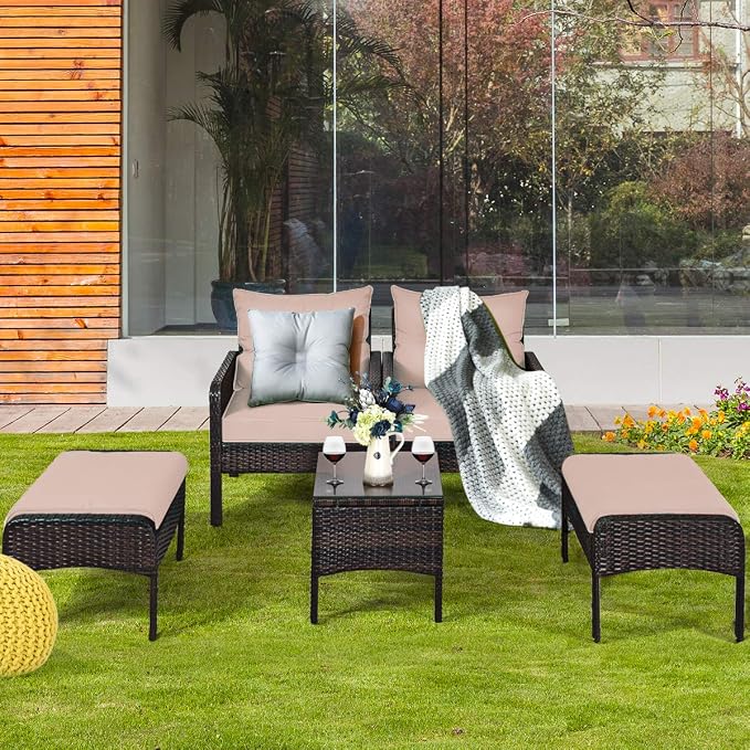 Tangkula 5 Pieces Wicker Patio Furniture Set, PE Rattan Outdoor All Weather Cushioned Sofas and Ottoman Set, 2-Person Outside Conversation Set for Lawn, Poolside, Yard, Balcony, Deck, Coffee