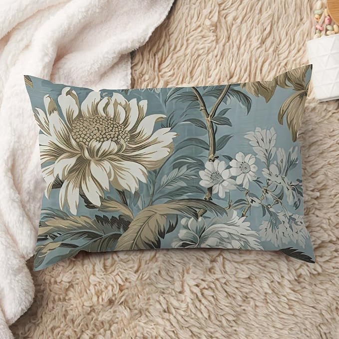 Spa On Flax Blue Chinoiserie Rectangle Lumbar Pillow Case Grey Peony Asian Throw Pillow Cover Rustic Outdoor Garden Decoration for for Car Sofa Bedroom Home Chair 16x24in