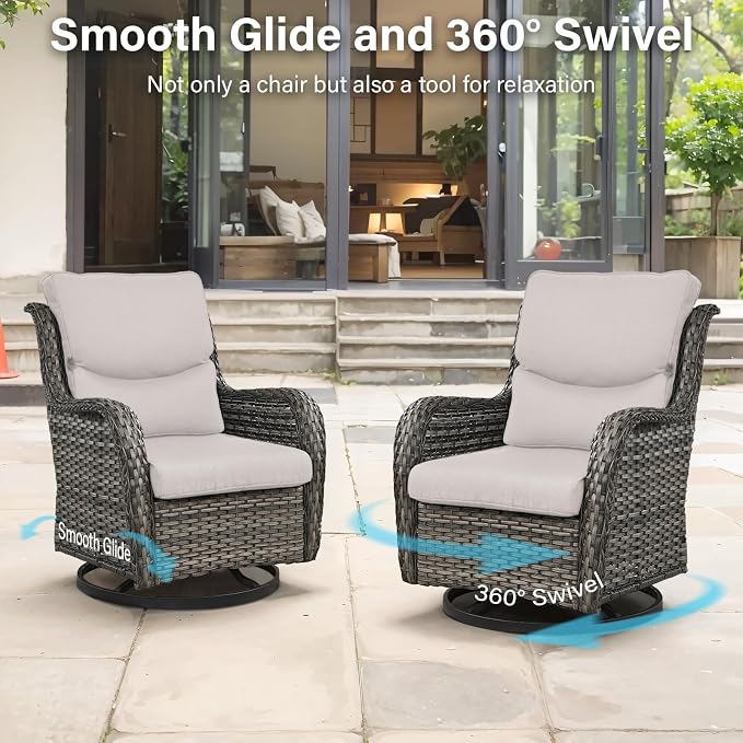 Outdoor Swivel Rocker Patio Chairs Set of 4 with Ottoman Coffee Table - 5" Thick Cushion 8 Piece Furniture Set All Weather Comfortable Wicker Conversation Set for Porch Deck - Gray/Beige