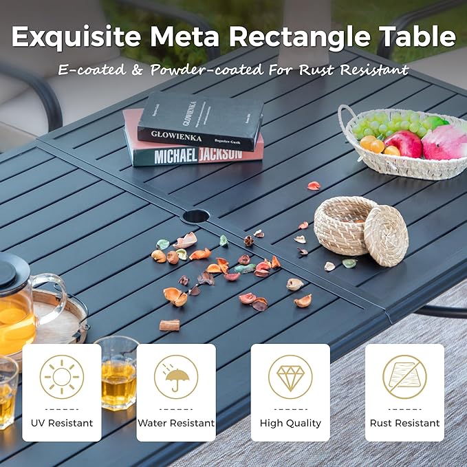 MIXPATIO 7 Pieces Outdoor Table and Chairs, Patio Dining Set for 6, 6 x Textilene Dining Chairs, Rectangular Outdoor Dining Table with Umbrella Hole for Lawn Garden Backyard Deck, Grey