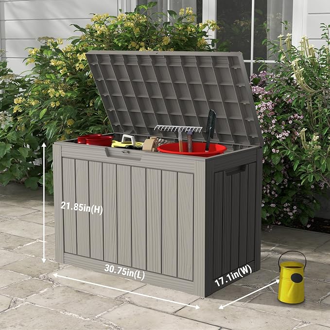 Mars Villa 45 Gallon Deck Box, Waterproof Weatherproof and UV Resistant Resin Deck Storage Box, Ideal for Indoor, Outdoor, Patio Furniture Pillows, Pool Supplies, Gardening Tools, Grey
