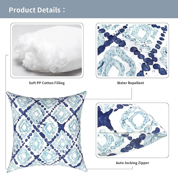 Outdoor Pillows for Patio Furniture 18x18 inch, Square Outdoor Throw Pillows with Inserts, Decorative Toss Pillows for Garden Couch Home Sofa Office Chair, Pack of 2, Boho Geometry Blue