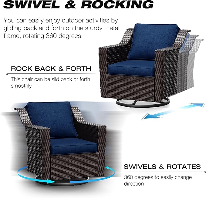 Joyside Wicker Patio Furniture Sets, 3 Pieces Upgraded Large Size Outdoor Furniture with 2 Patio Swivel Chairs and 1 Side Table, Thick Cushions, Wide Armrest
