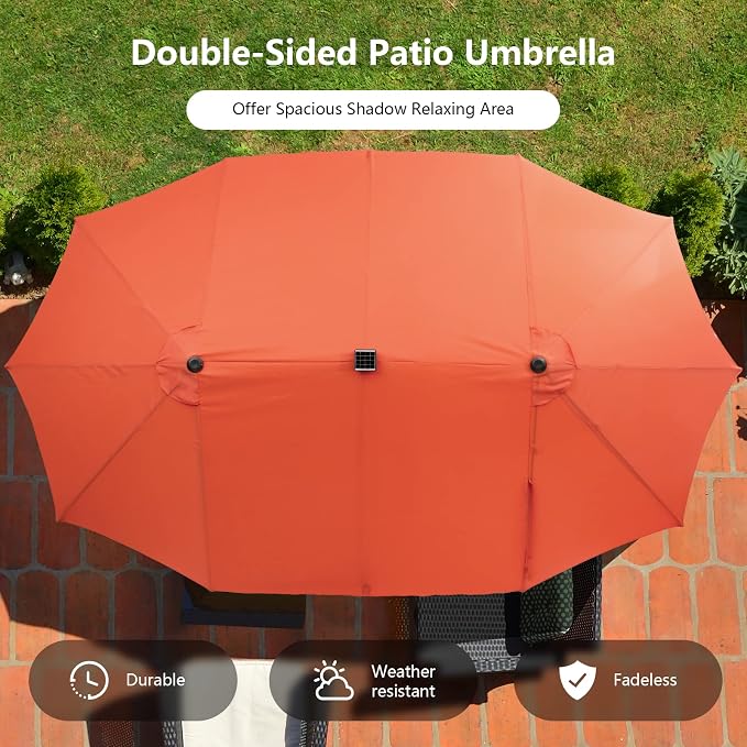 Tangkula 11 Pieces Patio Dining Set with 15 ft Double-Sided Patio LED Umbrella (Base Included), Outdoor Rattan Furniture Set with 8 Armchairs, 1 Rectangular Acacia Wood Dining Table (Orange)