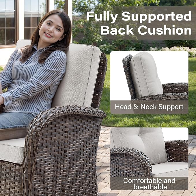 Belord 5 Piece Wicker Patio Furniture Set - Outdoor Conversation Sets with Deep Seating Swivel Rocker Chairs Loveseat and Rattan Coffee Table for Deck Backyard, Brown Wicker/Beige Cushion