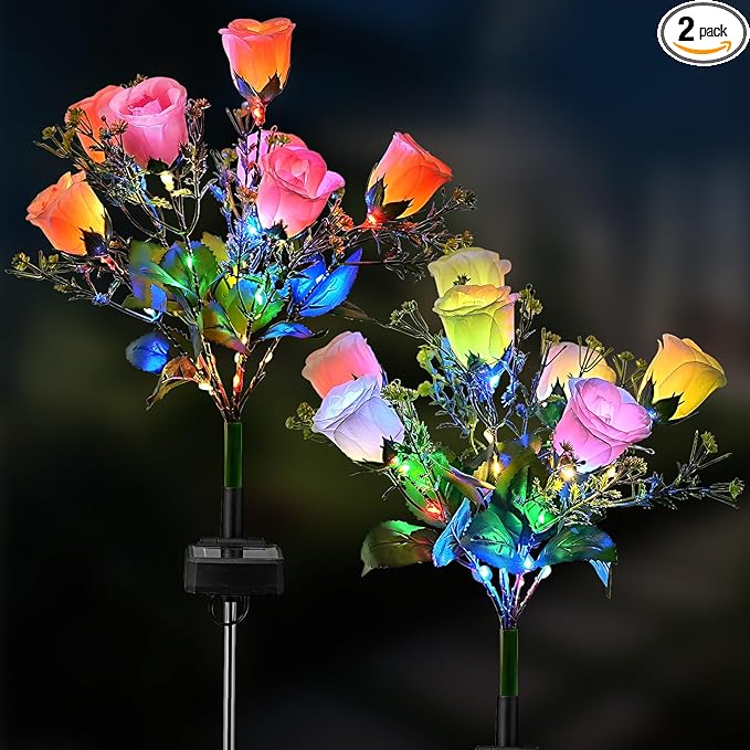 2 Pack Solar Garden Lights Outdoor, LED Colorful Waterproof Solar Powered Rose Flowers Landscape Lights for Outside Yard, Patio, Pathway Decorative, Décor, Gifts, Two Lighting Modes