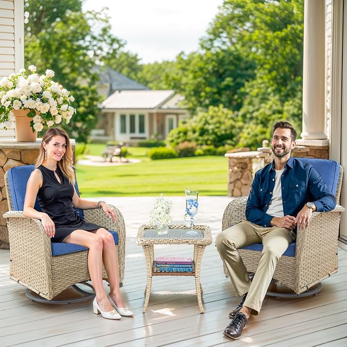 Outdoor Swivel Glider Rocker Chairs - 3 Piece Wicker Patio Furniture Set, All Weather Patio Bistro Set with Glass Side Table for Balcony Porch Deck Backyard - Light Beige Wicker Blue Cushion