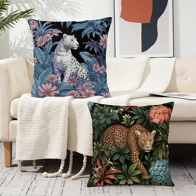Leopard Pillow Covers Summer Tropical Cheetah Pillow Cases 22x22 Set of 2 Jungle Animal Print Throw Pillow Covers Floral Pink Daisy and Palm Leaves Cushion Cases for Sofa Porch