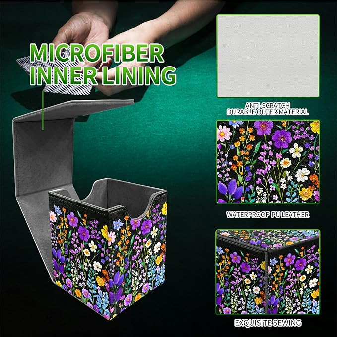 Deck Box for MTG, Cards Storage Box Fits 120+ Sleeved, Leather Medium Size Strong Magnetic Closing Card Case for Board Games Magic TCG CCG Baseball Collection, Purple Wildflower