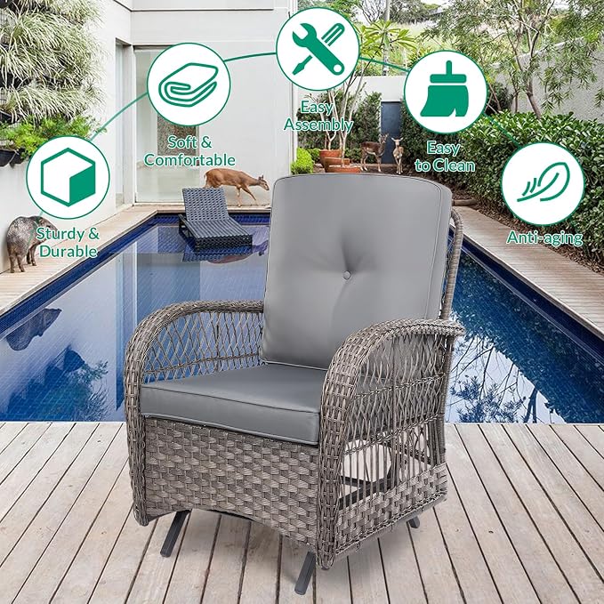 VIVIJASON 3-Piece Outdoor Patio Furniture Set, Outdoor Wicker Glider Rocking Chairs Rattan Conversation Bistro Sets w/ 2 Rattan Cushioned Chairs and Glass Top Side Table for Porch Backyard, Grey