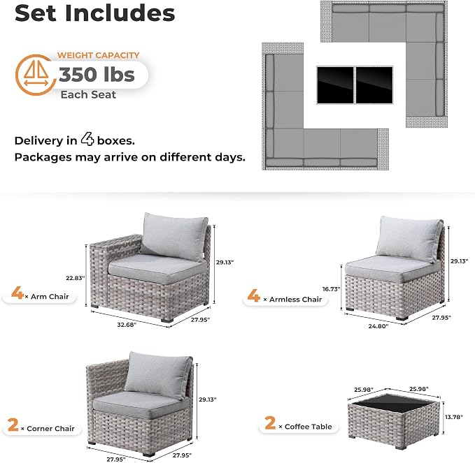 ovios 12 Pieces Patio Furniture Set, Outdoor Wicker Sectional Sofa with Coffee Table Comfy Cushions, Modern Modular Deep Seat Couch Rattan Conversation Set, Dark Grey