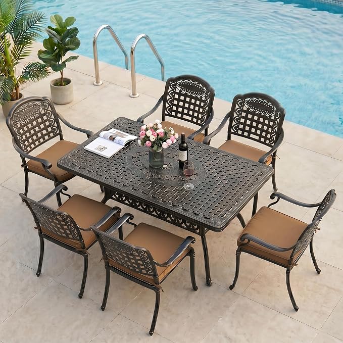 VIVIJASON 7-Piece Patio Furniture Dining Set, All-Weather Cast Aluminum Outdoor Conversation Set, Include 6 Cushioned Chairs and a Rectangle Table with Umbrella Hole for Balcony Lawn Garden Backyard