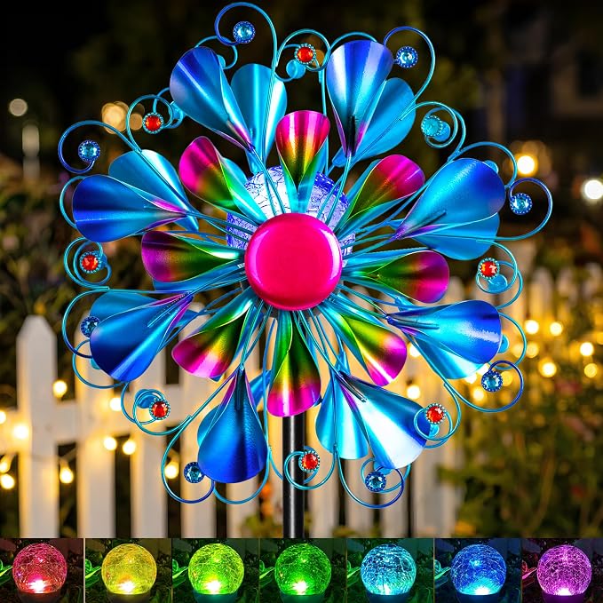 Solar Wind Spinner Outdoor Metal - Peacock Kinetic Garden Sculptures with Color-Changing LED Lights, Waterproof Wind Catchers Yard Art Decor for Patio Lawn, for Women