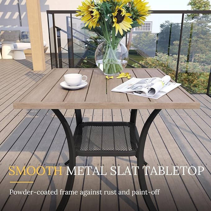 VICLLAX 3 Pieces Patio Dining Set for 2-28" Square Small Outdoor Table and 2 Patio Swivel Chairs for Lawn Garden, Grey Wood Grain Tabletop and Grey Fabric