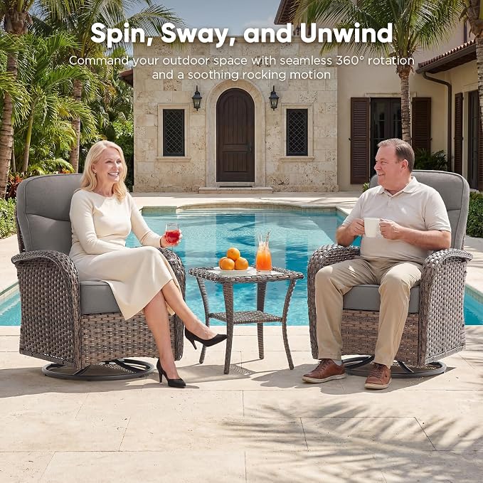 HUMMUH 9-Piece Patio Furniture Set with Upgraded 6" Thick Cushion - High Back Outdoor Swivel Rocker Chairs with 3-Seater Sofa Set of 2,Wicker Outdoor Conversation Set for Deck, Porch, Yard, Poolside