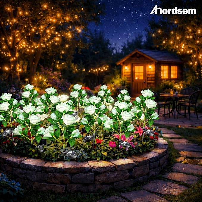 Anordsem Solar Garden Lights Outdoor: 20 Waterproof Fabric Roses 4 Pack - White LED Flower Decorations for Yard Patio Path Cemetery Grave - Birthday Gifts for Women Mom Wife