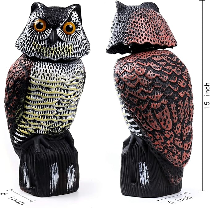 Hedoc 2 Pack Fake Owl Decoys to Scare Birds Away(15 inch), Rotating Head Sculptures, Nature Enemy Scarecrow Plastic Statues, Pest Repellent,Pigeon Deterrent Outdoor Yard, Garden Protectors