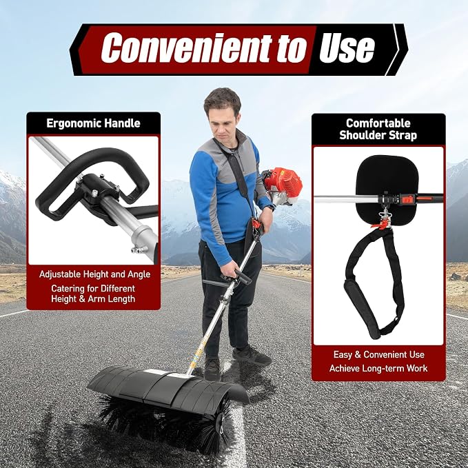 52CC 2-Stroke Gas Lawn Sweeper Cleaner Tools, 2.3HP Gas Powered Sweeper Brush Broom with Single Cylinder & Air-Cooled, Lawn Snow Sweeping Broom for Cleaning Driveway Turf Lawns Artificial Grass