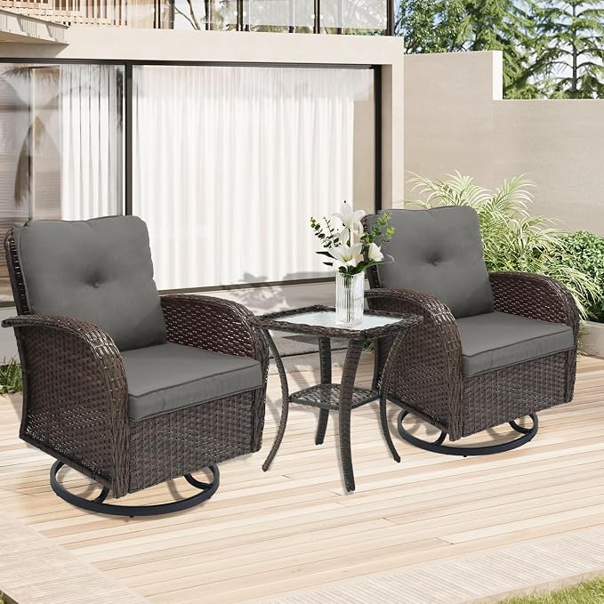 YLGJ&TIDY Outdoor Furniture Swivel Rocker Chairs 3PC Bistro Set 2 Brown Wicker Patio Glider Armchairs with Side Table Cushions Rocking Sofa for Porch Balcony Backyard Deck (Gray, 3PCS Swivel/Table)