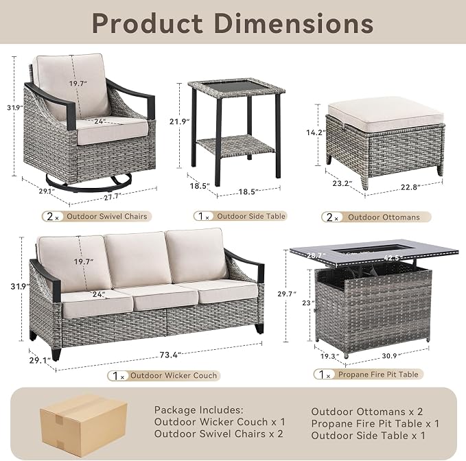 Patio Furniture Set with 42.5" Fire Pit Table-7 Pieces All Weather Wicker Outdoor Furniture with High Back Swivel Patio Chairs Set of 2 Outdoor Patio Conversation for Deck Garden Beige/Gray