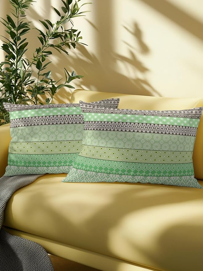 Waterproof Outdoor Pillow Set of 2 Green Bohemian Decorative Throw Pillows Cover & Insert 20x12 Inch Lumbar Pillowcase Boho Style Floral Leaves Geometric Pillows for Couch Sofa Bed Patio Furniture
