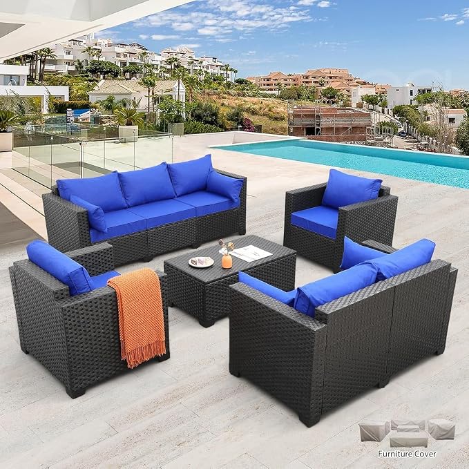 5-Piece Outdoor Wicker Patio Furniture Set with Sectional Sofa Couch, Storage Table, Royal Blue Anti-Slip Cushions, Waterproof Covers for Garden, Porch, Backyard Lounge(Blue)