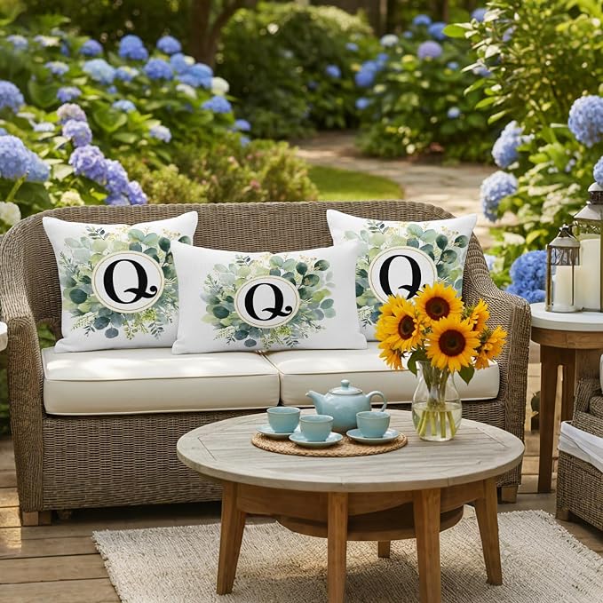 Letter Q Waterproof Outdoor Pillow Covers Set of 2 Home Decor, Alphabet Green Eucalyptus Leaves Lumbar Pillowcase Patio Pillow Covers for Couch Bench Patio Furniture Garden 20x20in