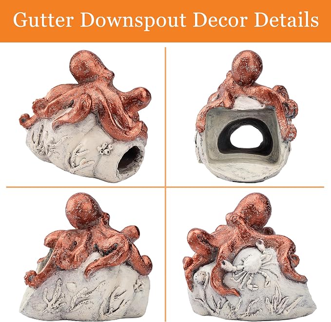 Teaeeno Octopus Downspout Extender Statue - Outdoor Garden Decor, Drain Pipe Cover with Crab & Coral Design - Durable Resin for US Lawns, Patios, and Yards (Red)
