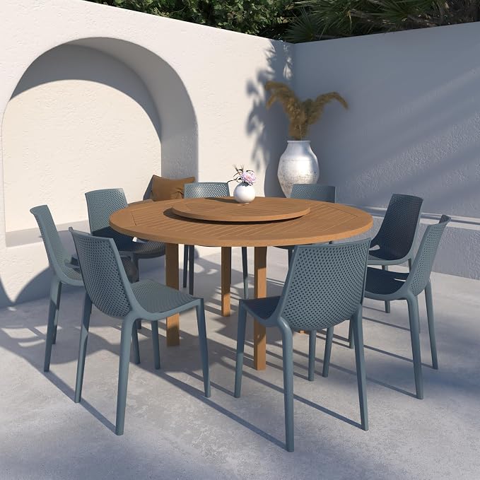 Urban Elements Melbourne 9-Piece Round Patio Furniture Set | Teak Finish 100% FSC Eucalyptus Wood | Backyard Furniture, Outside Table and Chairs, Outdoor Dining Set, 9-Piece Grey