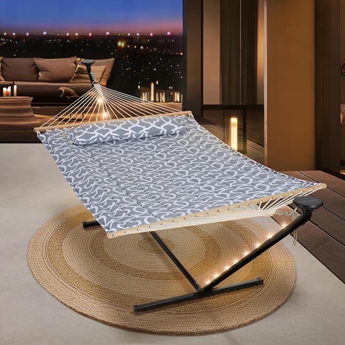 SUNCREAT Hammocks Outdoor 2 Person Hammock with Solar Powered Lights, Double Hammock with 12 ft Stand Included, Light Gray