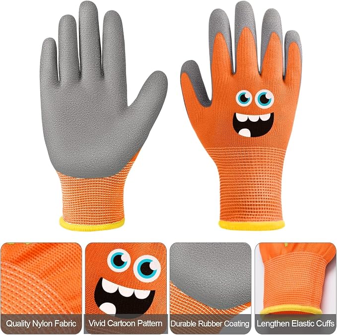 3 Pairs Kids Work Gardening Gloves (Colorful (Age 6-8)) | Children Yard Work Gloves Breathable Rubber Coated Garden Gloves for Toddlers Girls Boys