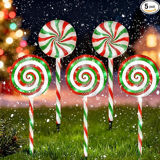 Christmas Lollipop Pathway Lights-5 Pack Solar Powered Outdoor Garden Path Lights Xmas Candy Cane Landscape Lighting Solar Waterproof Decorative Lights Decorations Outside Yard