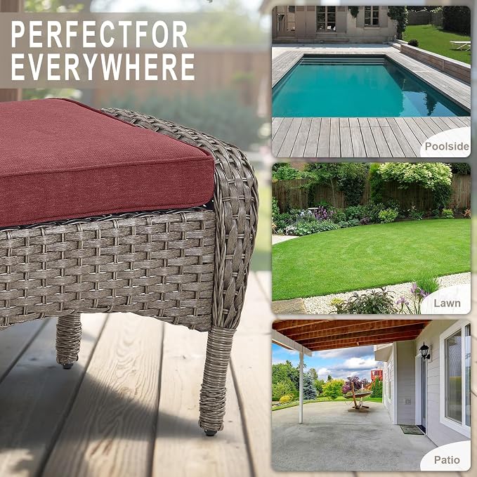 Belord Outdoor Ottomans for Patio Foot Rest - 25 Inch PE Wicker Foot Stool Set of 2 with Removable Cushions for Patio Furniture Sets,All Weather Rattan Ottoman for Balcony Deck Gray/Red