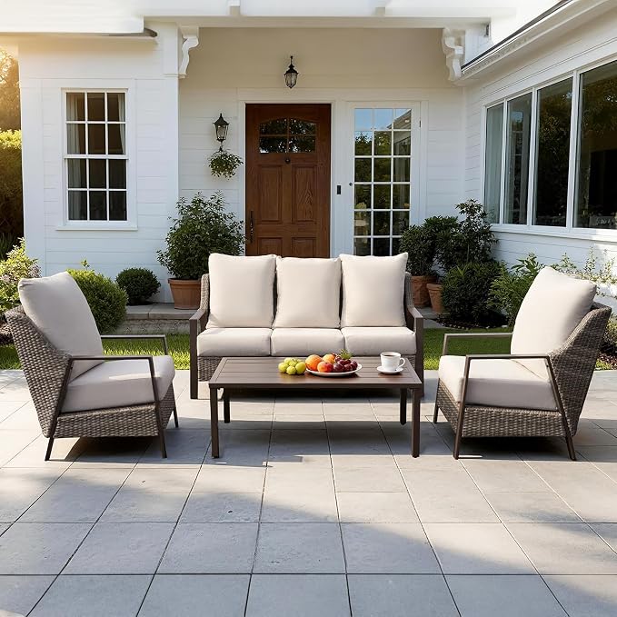 4 Piece Outdoor Patio Furniture Set, All-Weather Wicker Conversation Set with 4.72" Thick Olefin Cushions - 3-Seat Sofa, 2 Armchairs and Coffee Table for Backyard Deck Porch, Balcony, Beige