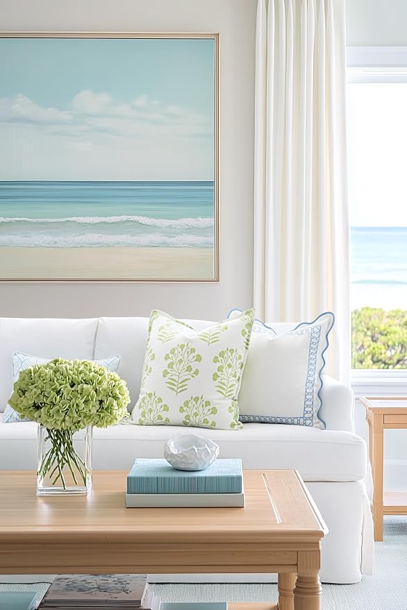 Hofdeco Premium Coastal Patio Indoor Outdoor Scalloped Throw Pillow Cover Only, 20"x20" Water Repellent for Backyard, Couch, Baby Blue Embroidered Begonia Pattern Chain Frame