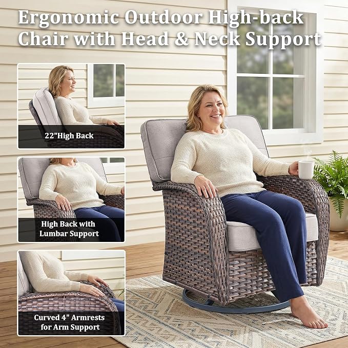 Patio Furniture Set, 5PCS Outdoor Wicker Conversation Set with Side Table, High Back Rattan Sofa & Swivel Rocker Chairs, Weather Resistant Olefin Fabric for Garden, Poolside Brown/Beige