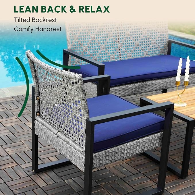 BEEFURNI Wicker Patio Furniture Outdoor Conversation Set of 4, Rattan Outdoor Furniture Set, Acacia Wood Table, 2 Chairs, 1 Loveseat, 2” Cushions, All Weather Set for Patio, Porch, Balcony (Gray)