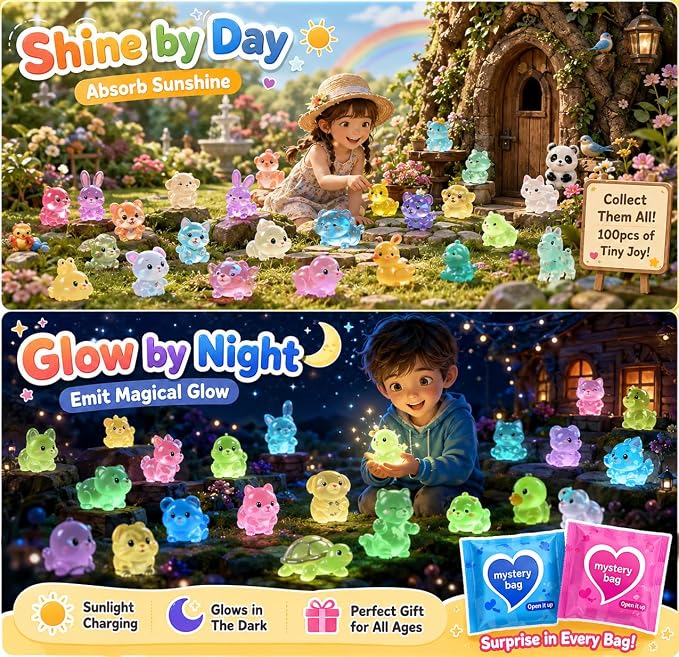 100 PCS Mystery Bag Mini Resin Animals, Glow in The Dark Tiny Animal Figurines Blind Bags Bulk, Cute Mini Resin Figures Surprise Box Toys for Kids, Classroom Prizes Goodie Bag Stuffers Party Favors