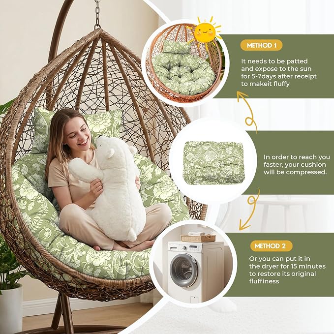 Outdoor Round Egg Chair Cushion Replacement, Waterproof 45" L x 45" W Thicken Hanging Swing Egg Chair Cushions with Headrest Pillow, Soft Wicker Basket Eggs Chairs Pad for Garden (Green Rose)