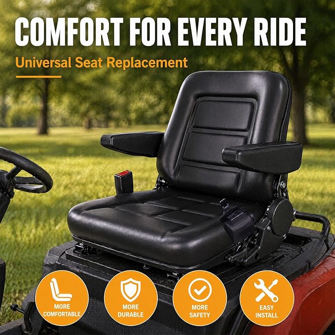 Universal Lawn Tractor Seat,Zero Turn Seat Replacement for Ariens IKON-XD | Waterproof PVC Thickened Foam Cushion Mower Seat with Seatbelt & Armrests,for Mini-Excavator,Forklift,Skid Loader