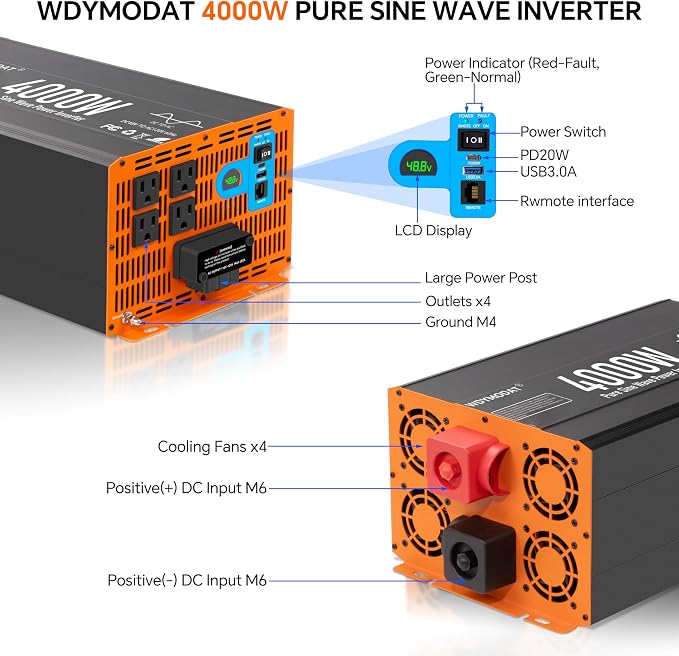 4000W Pure Sine Wave Inverter,48V DC to 120V AC Car Power Inverter 8000W Peak with 4 AC Outlets, 3.0A USB and Type-C, LCD Display 16.5 ft Remote Control for RV Truck Travel Solar Emergency
